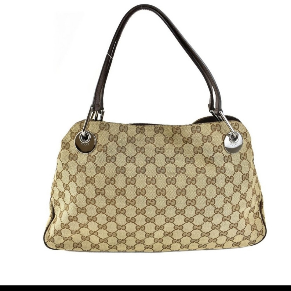 GUCCI: Beige, "GG" Logo & Brown Leather Logo Tote/Shoulder Bag - Picture 4 of 9
